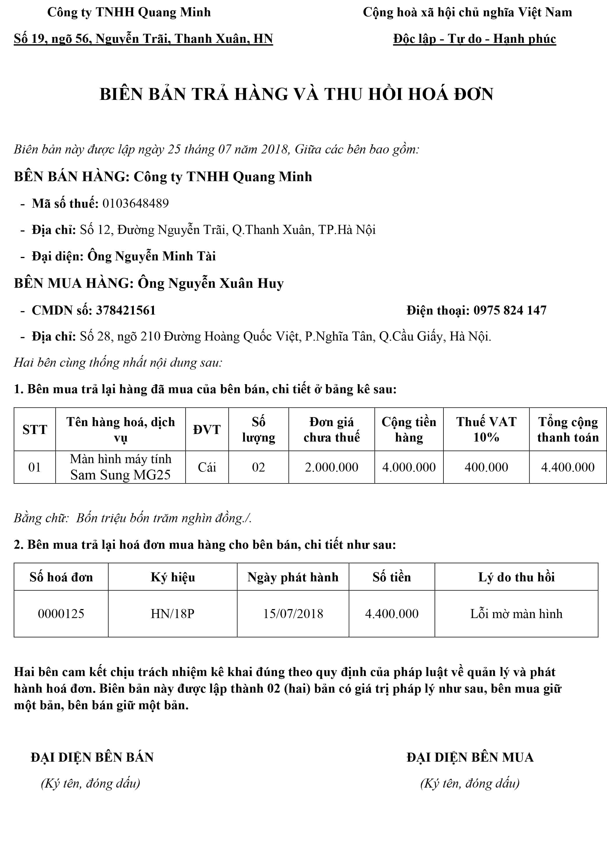 Mẫu Biên Bản Trả Lại Hàng Và Thu Hồi Hoá Đơn Mới Nhất - Kế Toán Hà Nội Group